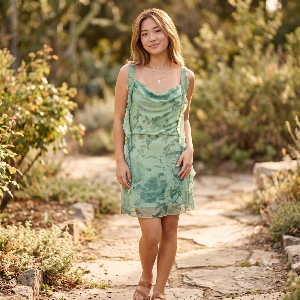 Light Green Floral‎ Mesh Fairy Mini Dress Cowl Neck Ruffle Sleeveless Sage M
